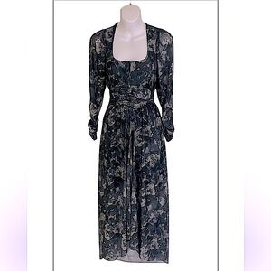 & Other Stories Sheer Mesh  Square Neck Khaki Dark Green 3/4 Sleeve Midi Dress 2